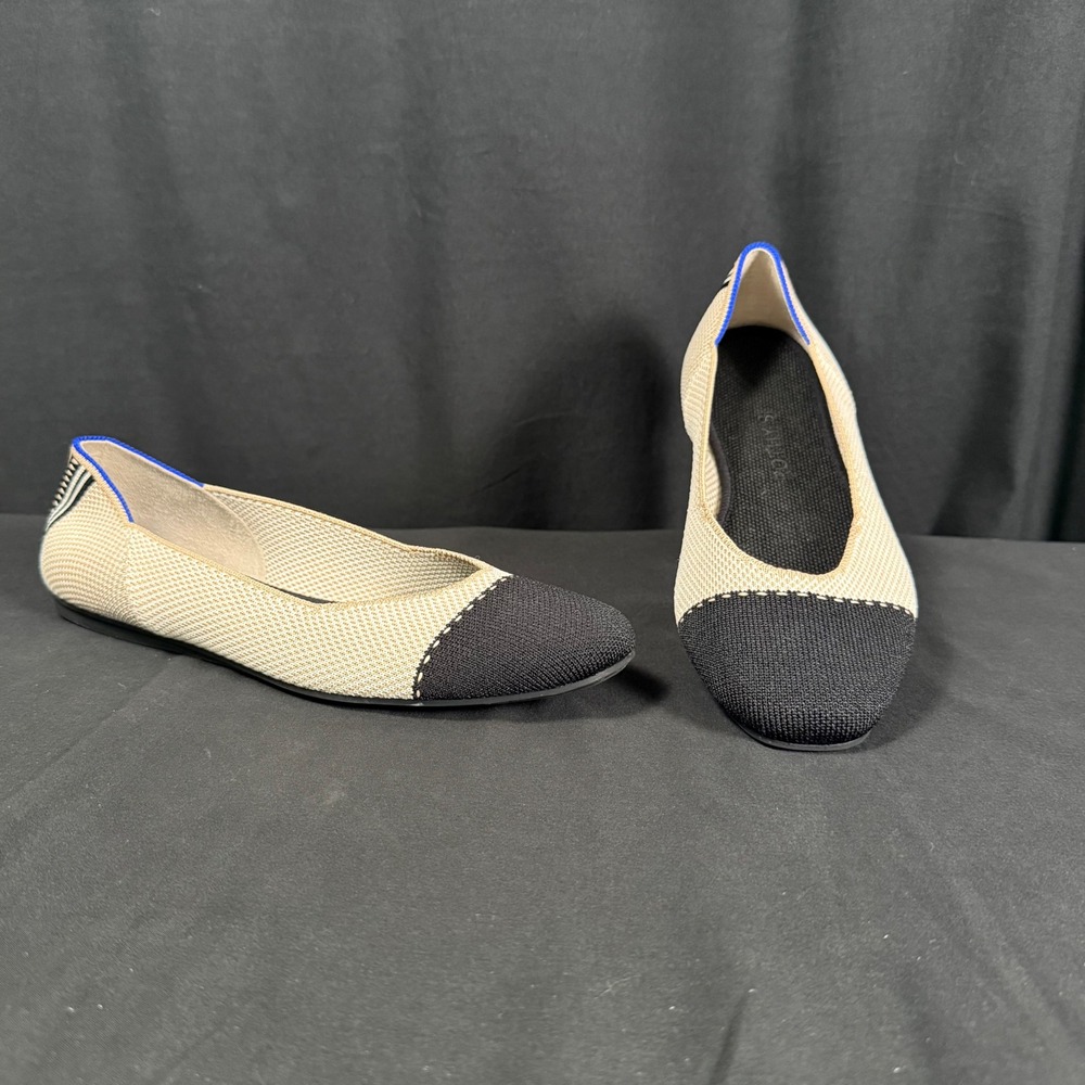Rothys The Square Tuxedo Knit Ballet Flats Sand Black Cap Toe Womens 8.5